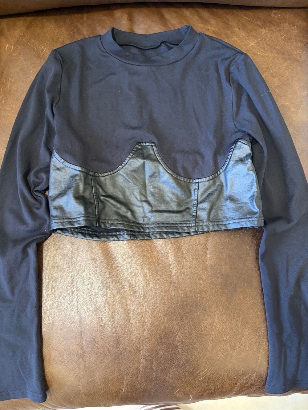 Black Long-Sleeve Crop Top with Faux Leather Detail